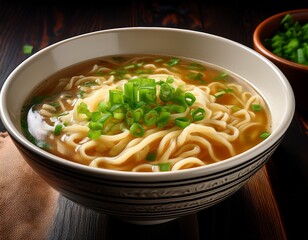 a comforting and nourishing bowl of hot flavorful soup filled with a savory broth tender noodles and fresh green onions as a garnish