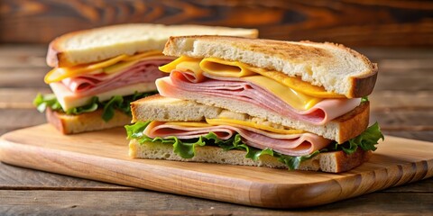 Sliced ham and cheese sandwich cut in half on a wooden cutting board, cheese, ,  cheese,food