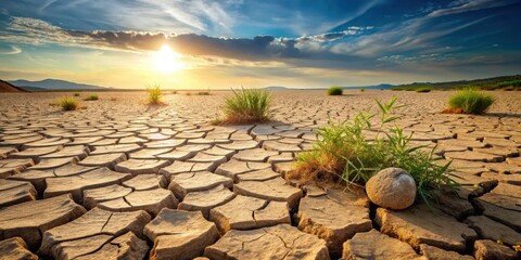 Dry cracked earth landscape with a few scattered rocks and weeds, desolation, geological,  desolation, geological, desert