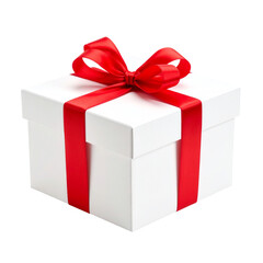 Fototapeta premium A white gift box adorned with a red ribbon and bow, symbolizing celebration and special occasions
