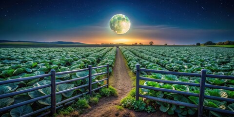 Cabbage fields under a full moon's gentle glow, farm gate in moonlight