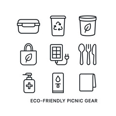 Eco-Friendly Picnic Icons. Outline icon set of eco-friendly picnic gear: reusable container, recycling bin, compost bin, eco tote