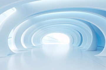 Obraz premium Futuristic oval light blue hallway of modern interior. 3D white intricate room. Modern geometric wallpaper. Futuristic design.