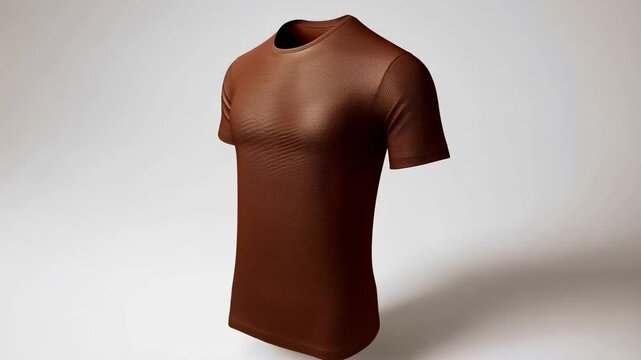 Brown t-shirt with black and white logo on white background.