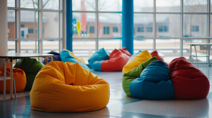 A vibrant arrangement of colorful beanbag chairs in a bright, open space with large windows, creating a relaxed atmosphere overlooking the school's outdoor courtyard.