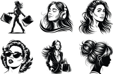 Woman Silhouette Bundle with White Background. Modern Woman Vector.
