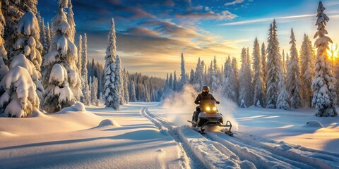 A snowmachine rider navigates through dense Alaskan forest covered in fresh powder, with bare trees and frozen lakes in the background, snowmachine riding, winter outdoor activities