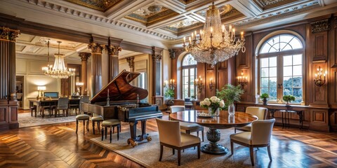 High ceiling with chandelier, grand piano, and ornate wooden furniture , stylish decor, dining room