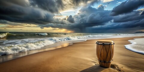 Conga drum on beach under stormy sky with waves and wind, ocean, landscape,  ocean, landscape, wind,beach, weather, instrument, atmosphere