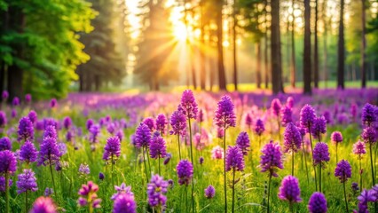 Vibrant purple flowers blooming in a lush green meadow with a soft sunlight filtering through the trees, meadow