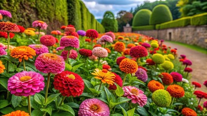 Colorful Zinnia elegans flowers in a formal garden border with ornate stone walls and perfectly manicured hedges, hedges