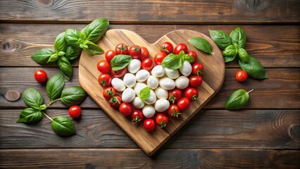 Fresh mozzarella and cherry tomatoes arranged in a heart shape on a wooden board with basil leaves, perfect for a romantic Valentine's Day dessert or snack, Mozzarella cheese, Valentine's Day