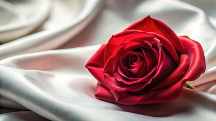 Close-up shot of a red satin rose in full bloom against a soft white background, close-up, flower
