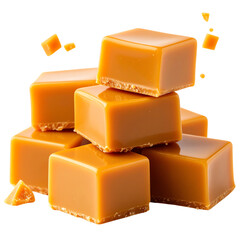 Delicious, glossy caramel cubes stacked attractively, showcasing a rich golden color and smooth texture
