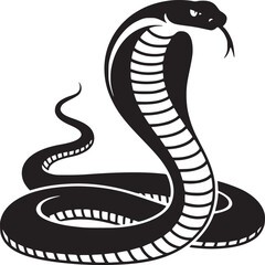 Fototapeta premium A stylized black and white illustration of a cobra with its hood spread and tongue out on white