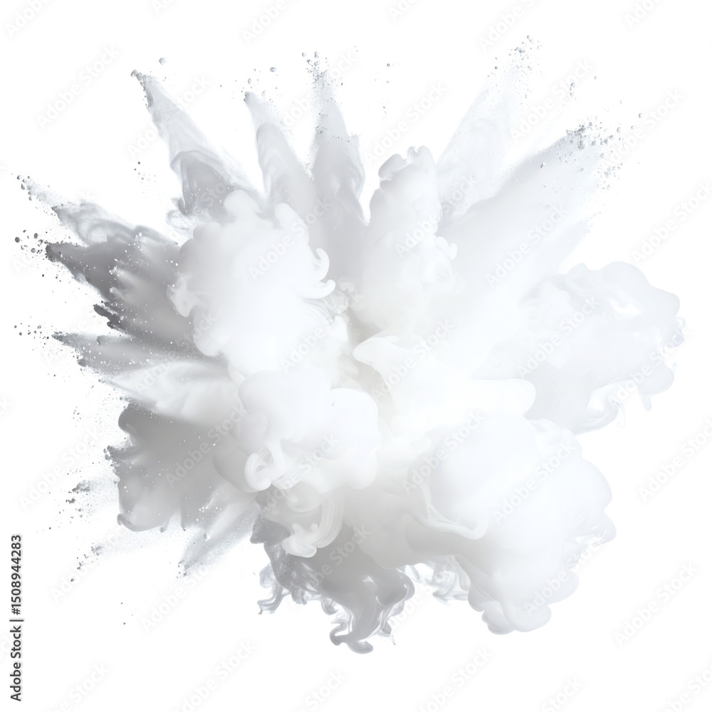 Poster a burst of white smoke explodes in a dynamic, swirling form, creating an ethereal and captivating vi