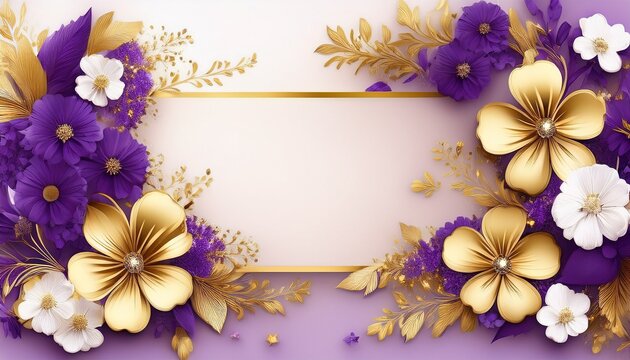 elegant decorative small flowers golden white and purple invitation blank card frame design ai image generative