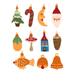 Christmas fir tree toys, baubles, ornaments set holiday decoration ball, star, bell, spruce, icicle