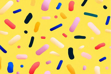 A vibrant yellow background adorned with a playful assortment of colorful sprinkles and shapes scattered