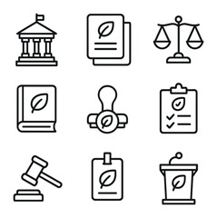 Environmental Policy Icons. Outline icon set of environmental policy and regulation: government building, law document, scales of