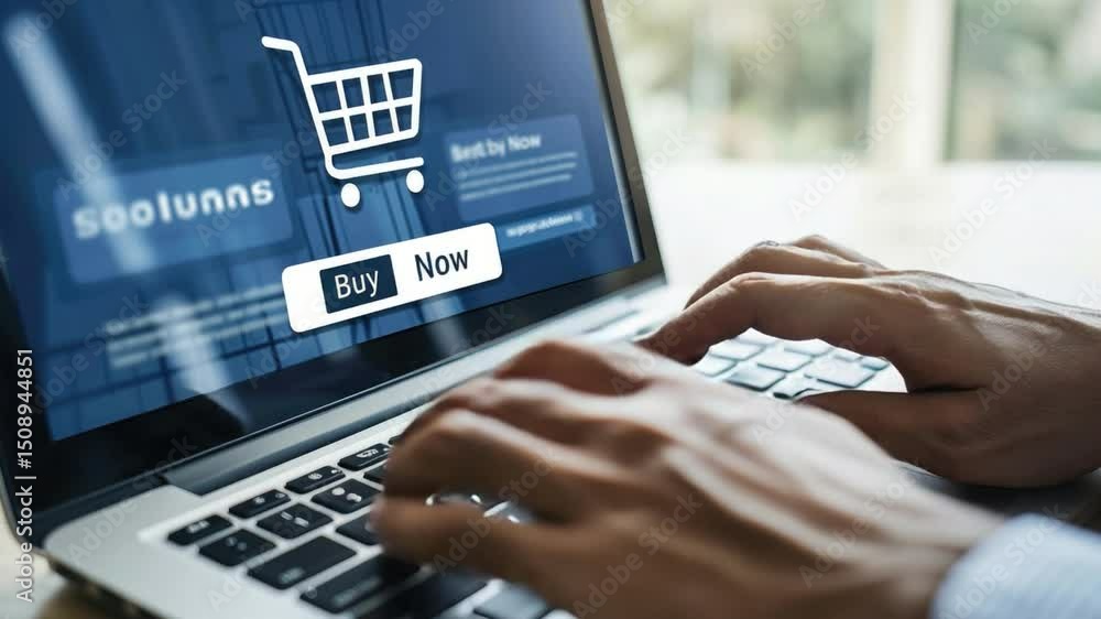 Poster hands using laptop for online shopping with shopping cart icon and buy now button displayed on scree