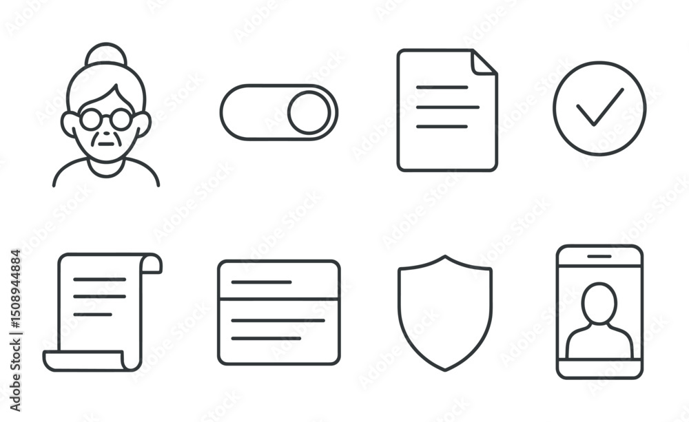 Poster simple icons of grandma, documents, and security elements for digital interfaces