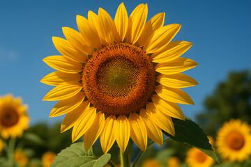 Fototapeta premium Sunflower in Sunlight: A radiant sunflower stands tall against a vibrant blue sky, basking in the golden sunlight of a bright summer day.