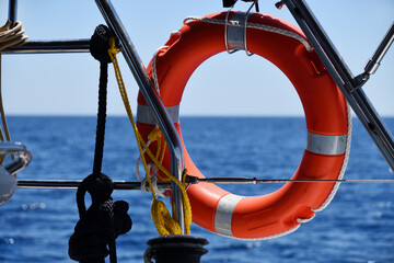 Lifebuoy. Sailing in Mediterranean Sea. Fethiye harbor, Turkey