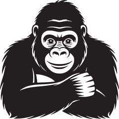 A stylized black and white illustration of a gorilla with its arms crossed on a plain background