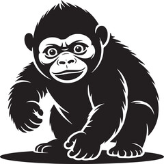 A stylized black and white illustration of a gorilla sitting with a friendly expression on its face