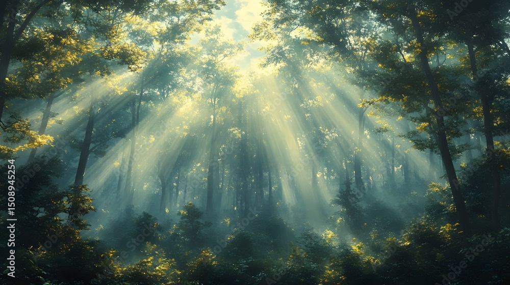 Poster sunlight streams through a dense forest canopy, casting ethereal rays through the trees. mist hangs 