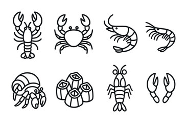 Sea creatures collection: lobster, crab, shrimp, and barnacle vector icons