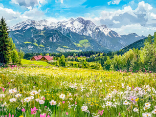 Fototapeta premium In a picturesque countryside, blooming meadows flourish with a riot of colors, while majestic mountains stand tall against a clear blue sky. The tranquil rural vibe invites relaxation and inspiration