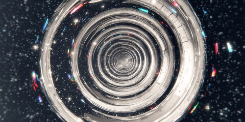 Glass tunnel rotating in deep space with colorful particles