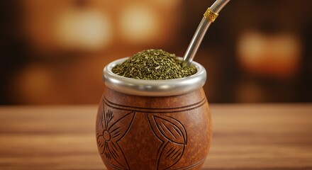 Traditional Yerba Mate Tea Drink in Gourd Cup With Bombilla Against Brown Background on Wooden Surface