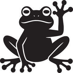 A black silhouette of a frog sitting with one hand raised on a white background in a simple style