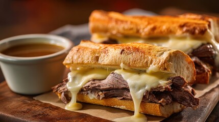 Juicy Roast Beef Sandwich with Melted Cheese and Au Jus