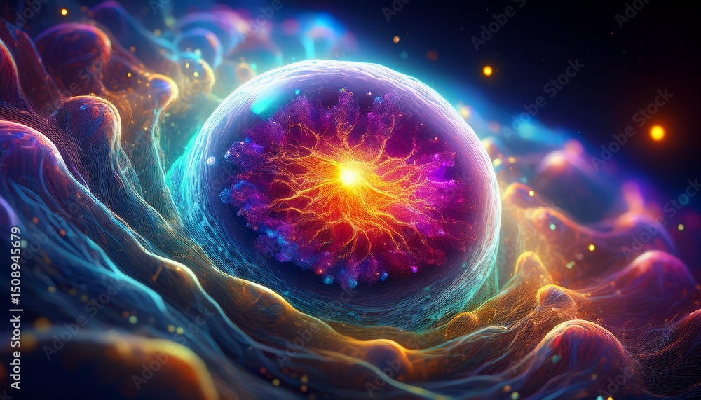 Poster single glowing biological cell viewed under a high resolution microscope swirling like a vibrant gal