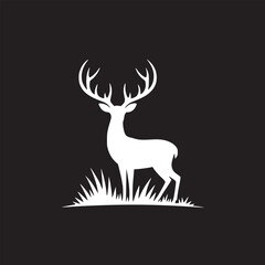 A white silhouette of a deer with large antlers standing in grass against a black background design