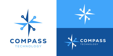 Creative simple compass technology logo template. Compass with technology symbol logo design vector illustration.
