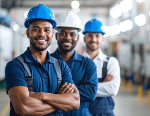 Three smiling factory workers in hard hats and uniform