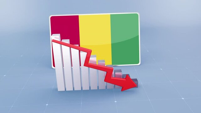 Guinea Country Flag and Bar Chart Graph Showing Decreasing Values a Red Arrow Economic Crisis Concept