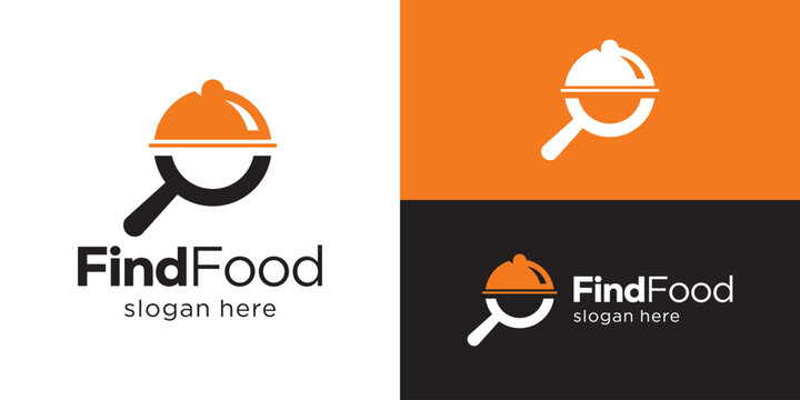 Creative simple find food logo template. Magnifying glass with close serving for Restaurant food logo design vector illustration.