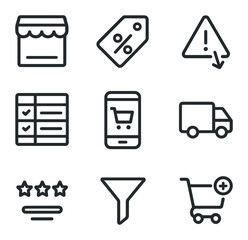 E-Commerce Icon Set. Outline icon set of e-commerce price tracking: digital storefront, percentage