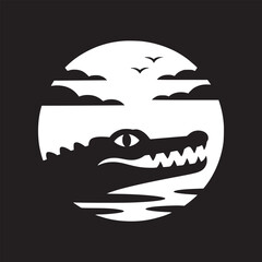Silhouette of an alligator in a circle with clouds and birds on a black background in vector format