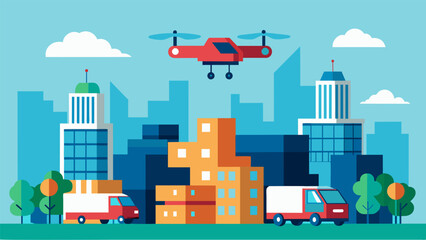 Fototapeta premium A drone delivery service utilizing a fleet of compact and agile drones to efficiently transport goods and packages to various locations within a bustling city.. Vector illustration