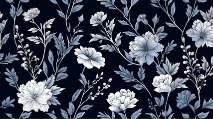 Monochrome floral pattern featuring white flowers and leaves on a dark blue background design repeat