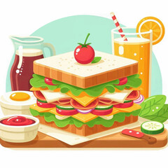 A sandwich with cheese lettuce tomato cucumber  onion served with orange juice  fried egg on a wooden board