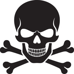 A black skull with white eyes and teeth on top of two crossed bones in a white background image