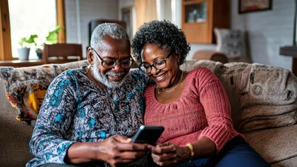 Happy mature African American couple using smartphone on sofa at home. Joyful African descent people, family, lifestyle, mobile technology, indoors, senior - Powered by Adobe